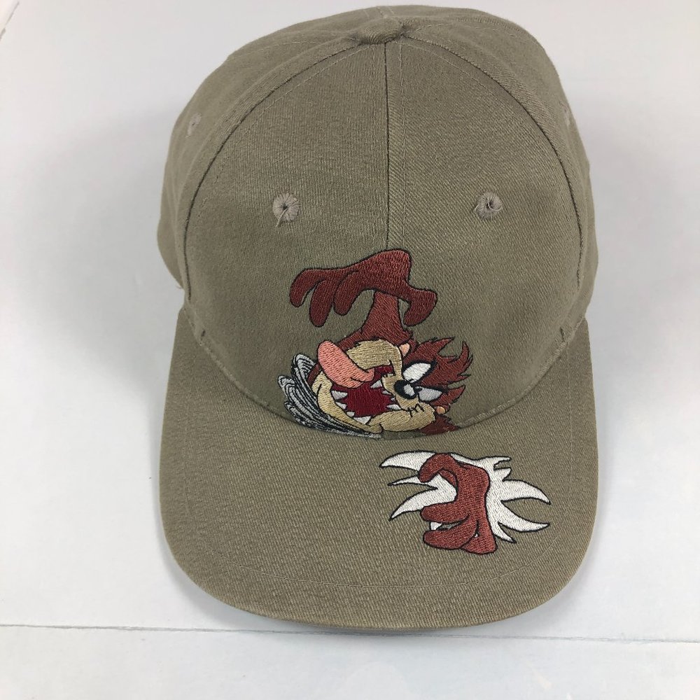 Vintage 90s Looney Tunes Hat One Size Tan Embroidered Taz Snap Back Drew Pearson